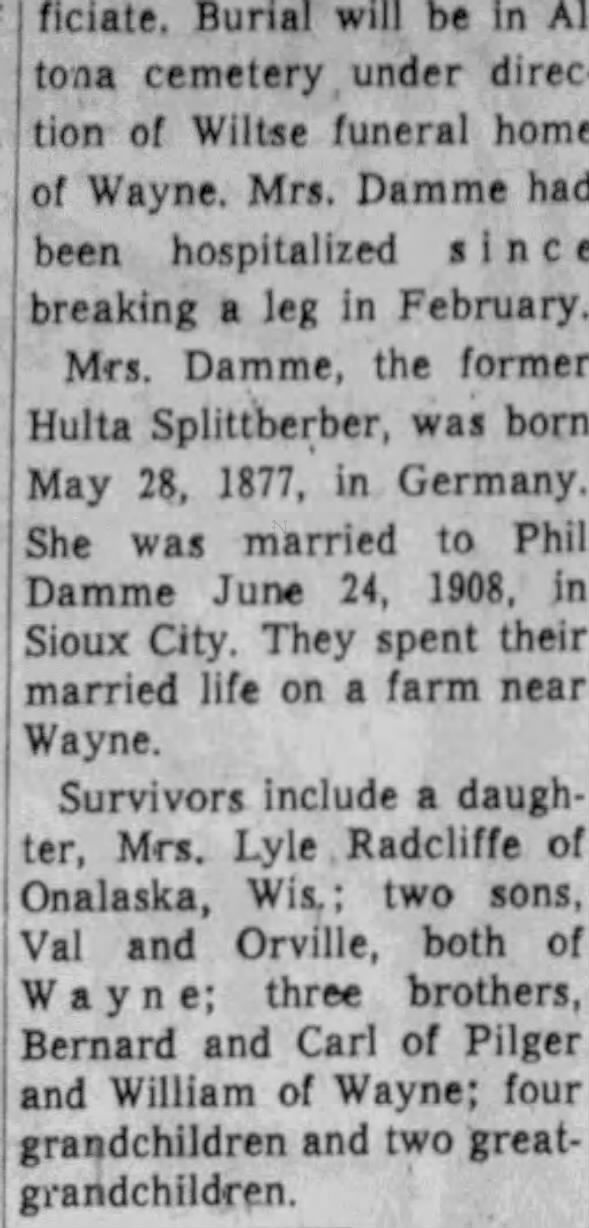 Obituary for Damme Splittberber